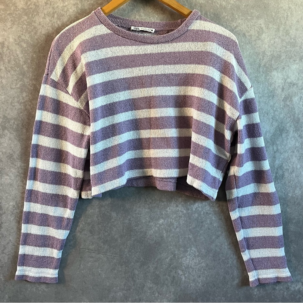 Zara White Purple & White Striped Long Sleeve Cropped Knit Sweater Size Small S